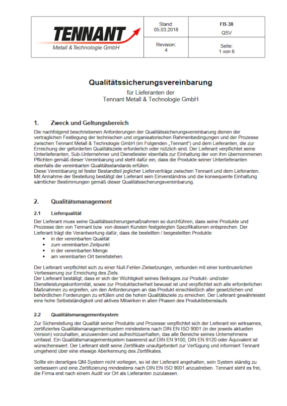 Quality Assurance Agreement cover page