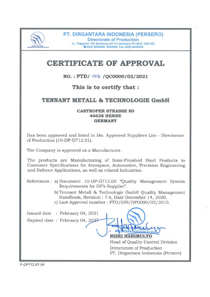 Indonesian Aerospace supplier certificate