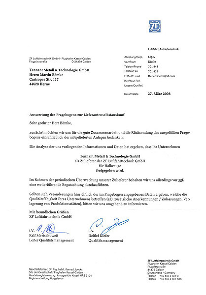 ZF supplier certificate